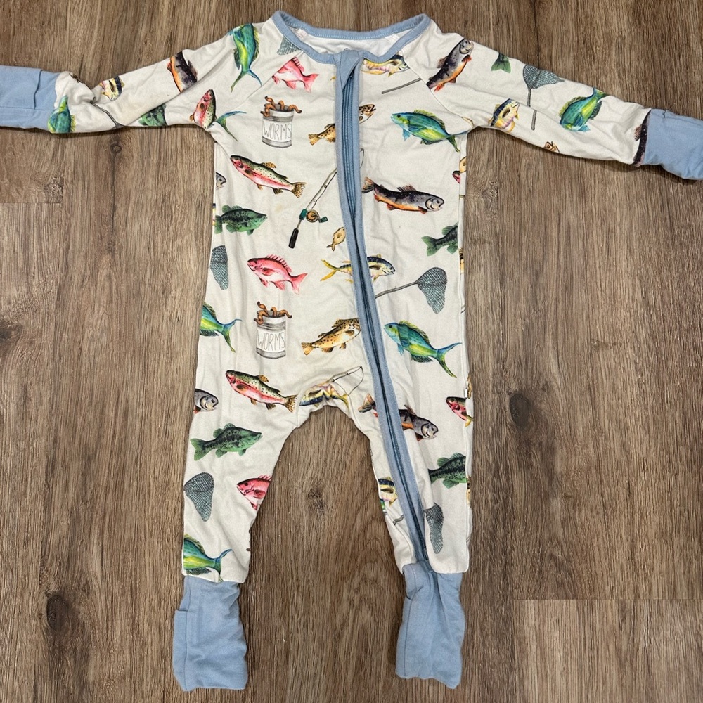 Caden Lane Fish Print One Piece - Blue and Cream